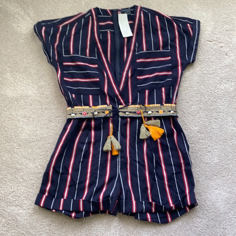NWT French Connection Navy Striped Romper with Belt